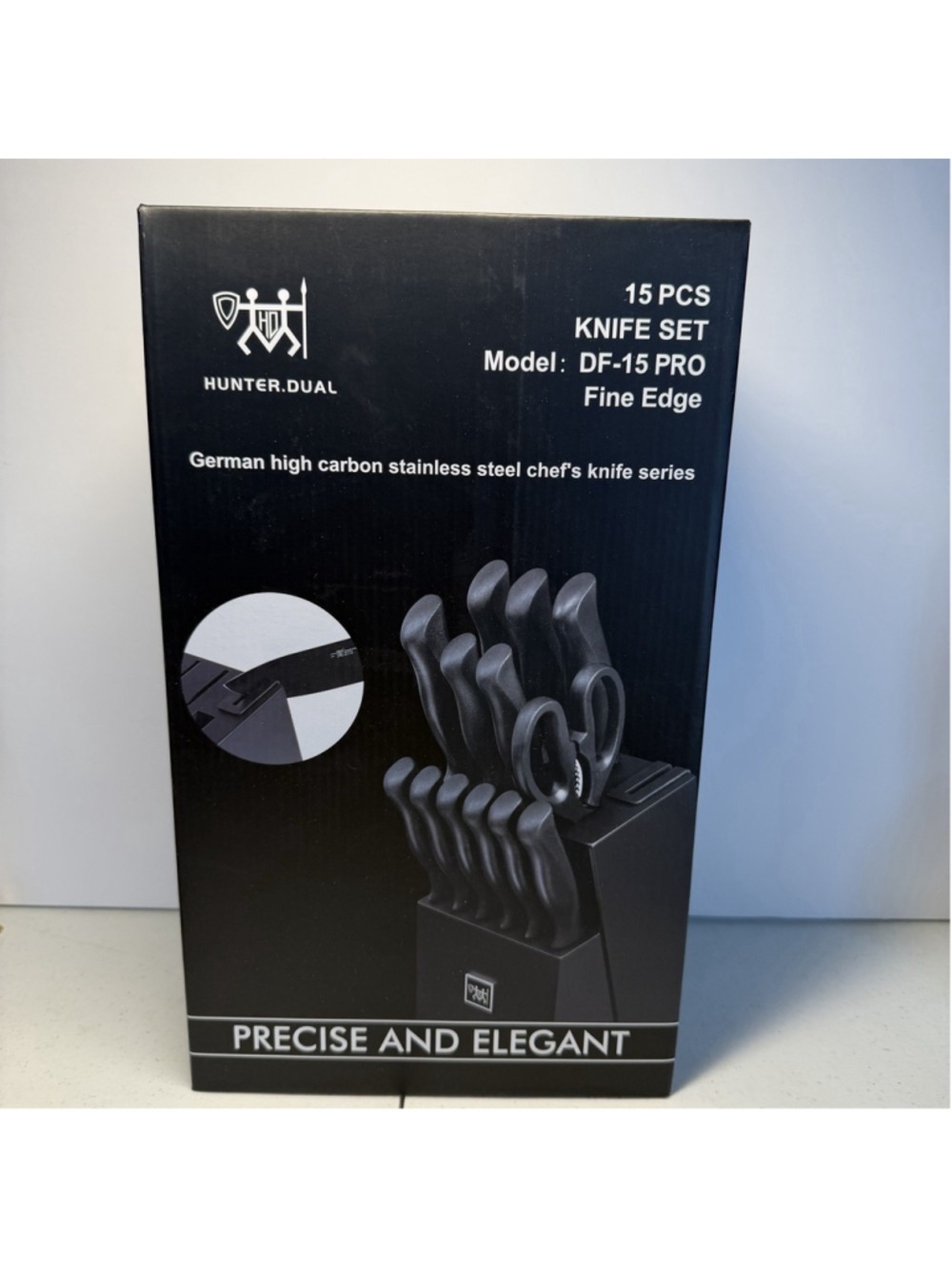 HUNTER.DUAL 15 Pcs Kitchen Knife Set with Block Self Sharpening, Black *NEW*
